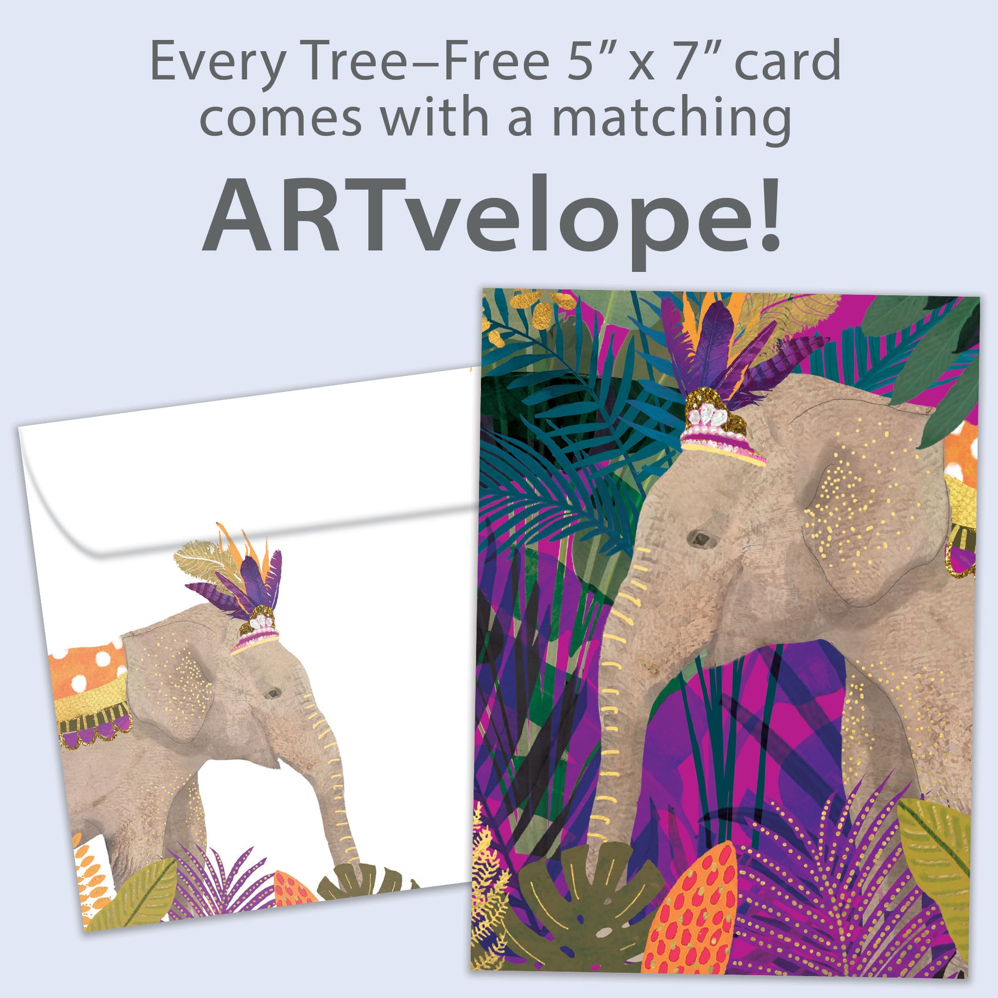Front view of a Birthday greeting card featuring an elephant wearing a crown on a colourful foliage background, with matching envelope artwork.