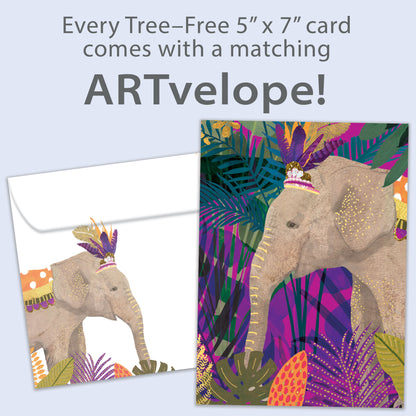 Front view of a Birthday greeting card featuring an elephant wearing a crown on a colourful foliage background, with matching envelope artwork.