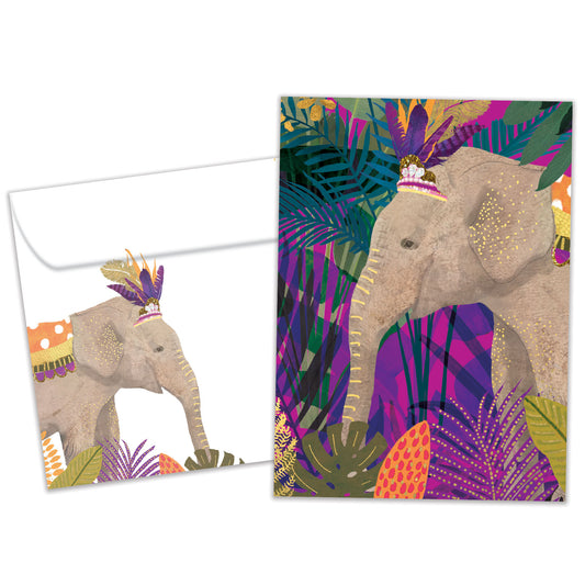 Front view of a Birthday greeting card featuring an elephant wearing a crown on a colourful foliage background, with a matching envelope.