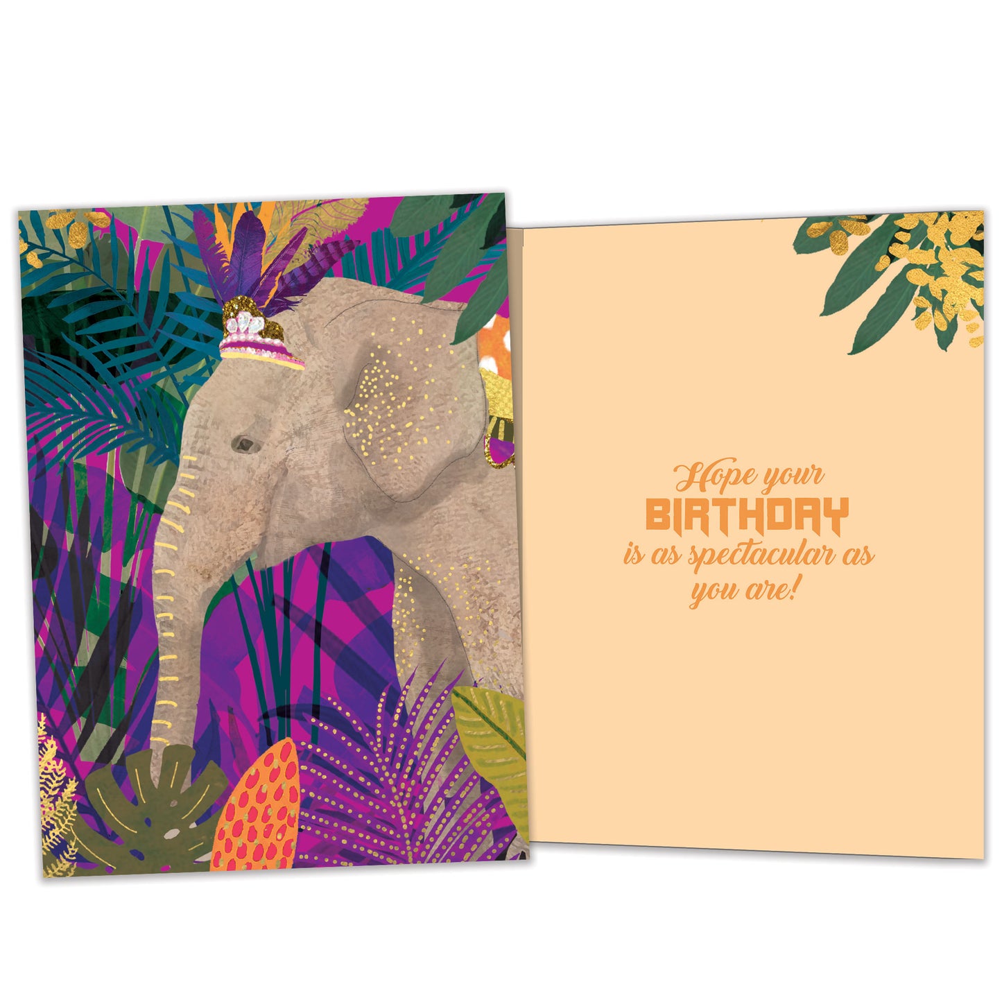 Front and inside view of a Birthday greeting card featuring an elephant wearing a crown on a colourful foliage background, with matching design details inside.