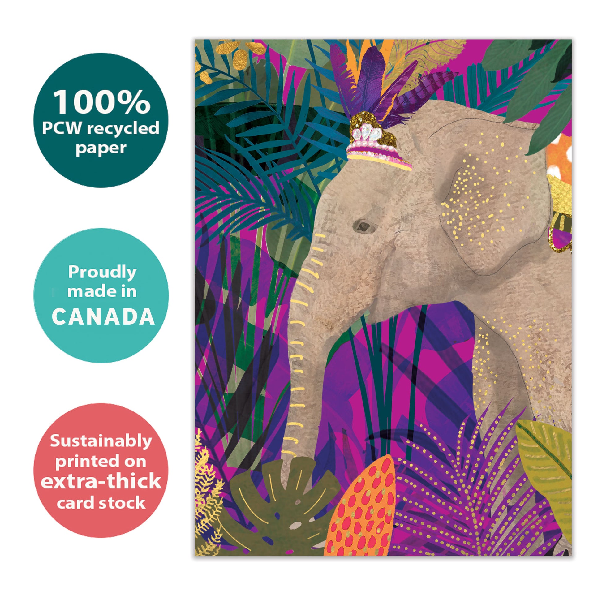 Front view of a Birthday greeting card with an elephant wearing a crown on a colourful foliage background, highlighting its eco-friendly materials and made in Canada.