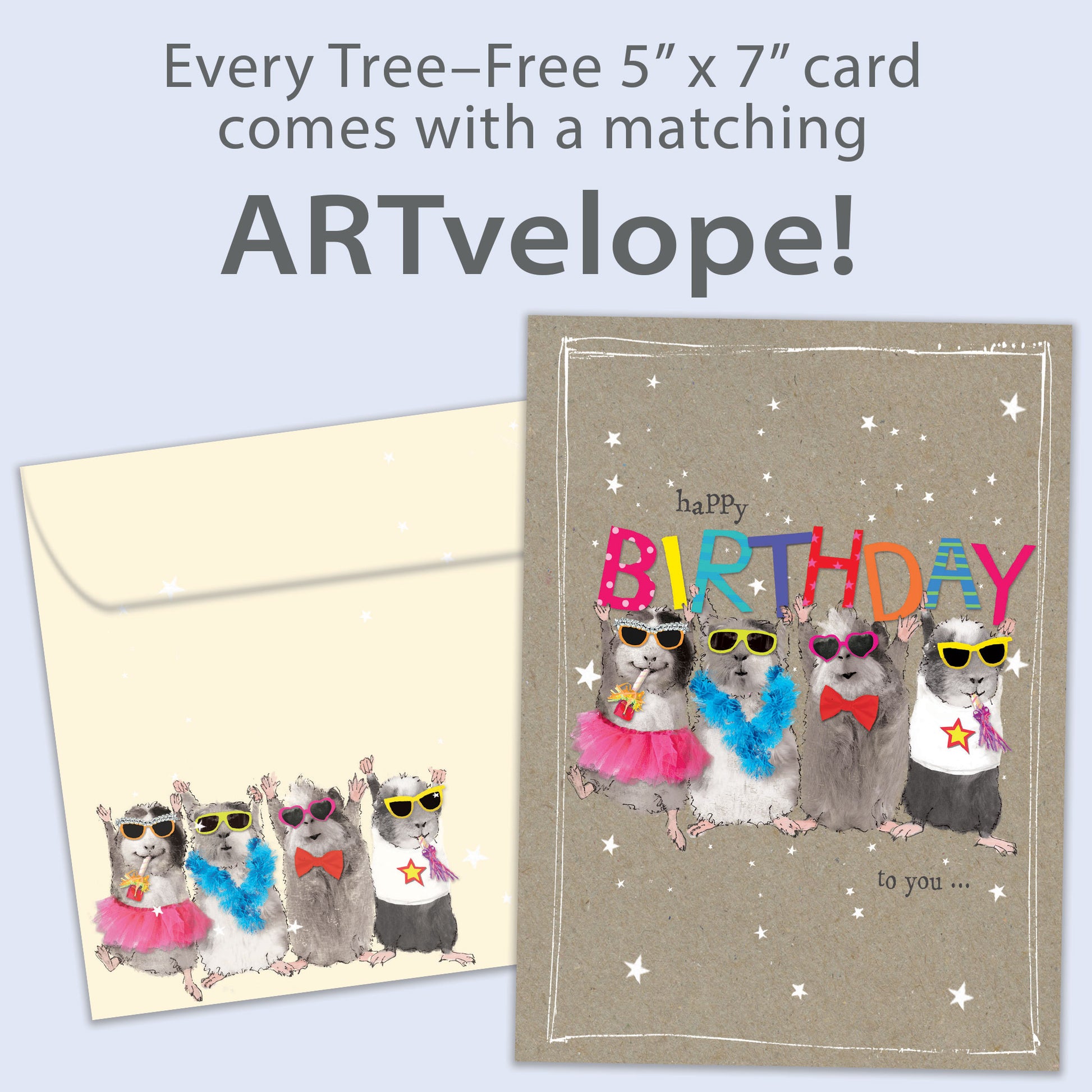 Front view of a Birthday greeting card featuring mice holding up a colourful "happy birthday" message, with matching envelope artwork.