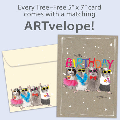Front view of a Birthday greeting card featuring mice holding up a colourful "happy birthday" message, with matching envelope artwork.