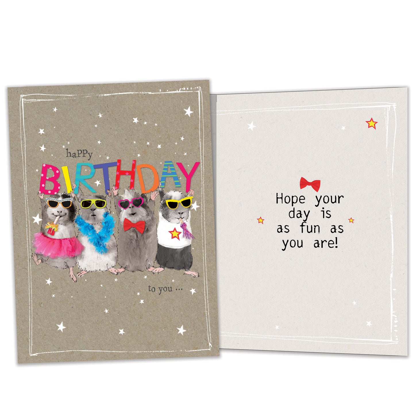 Front and inside view of a Birthday greeting card featuring mice holding up a colourful "happy birthday" message, with matching design details inside.