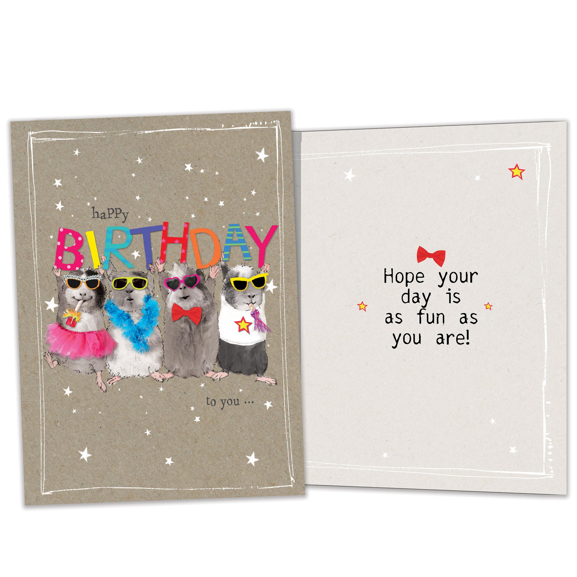 Front and inside view of a Birthday greeting card featuring mice holding up a colourful "happy birthday" message, with matching design details inside.