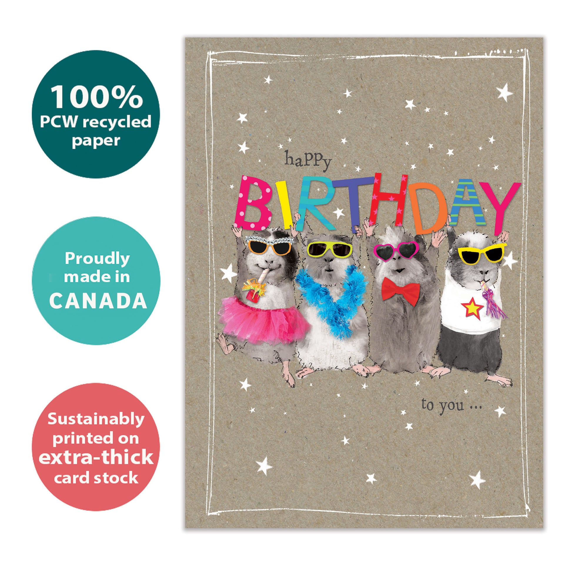 Front view of a Birthday greeting card with mice holding up a colourful "happy birthday" message, highlighting its eco-friendly materials and made in Canada.