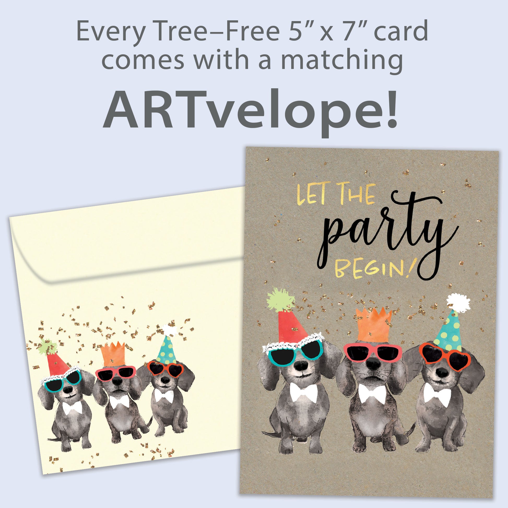 Front view of a Birthday greeting card featuring 3 dogs wearing birthday hats with the words "let the party begin!", with matching envelope artwork.