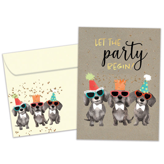 Front view of a Birthday greeting card featuring 3 dogs wearing birthday hats with the words "let the party begin!", with a matching envelope.