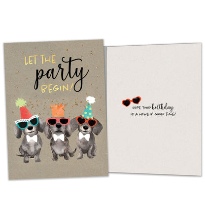 Front and inside view of a Birthday greeting card featuring 3 dogs wearing birthday hats with the words "let the party begin!", with matching design details inside.