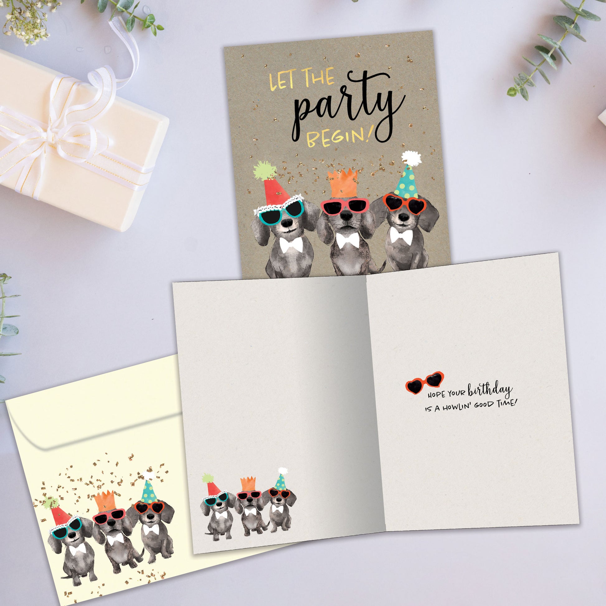 Front and inside view of a Birthday greeting card showcasing 3 dogs wearing birthday hats with the words "let the party begin!", with a matching envelope.