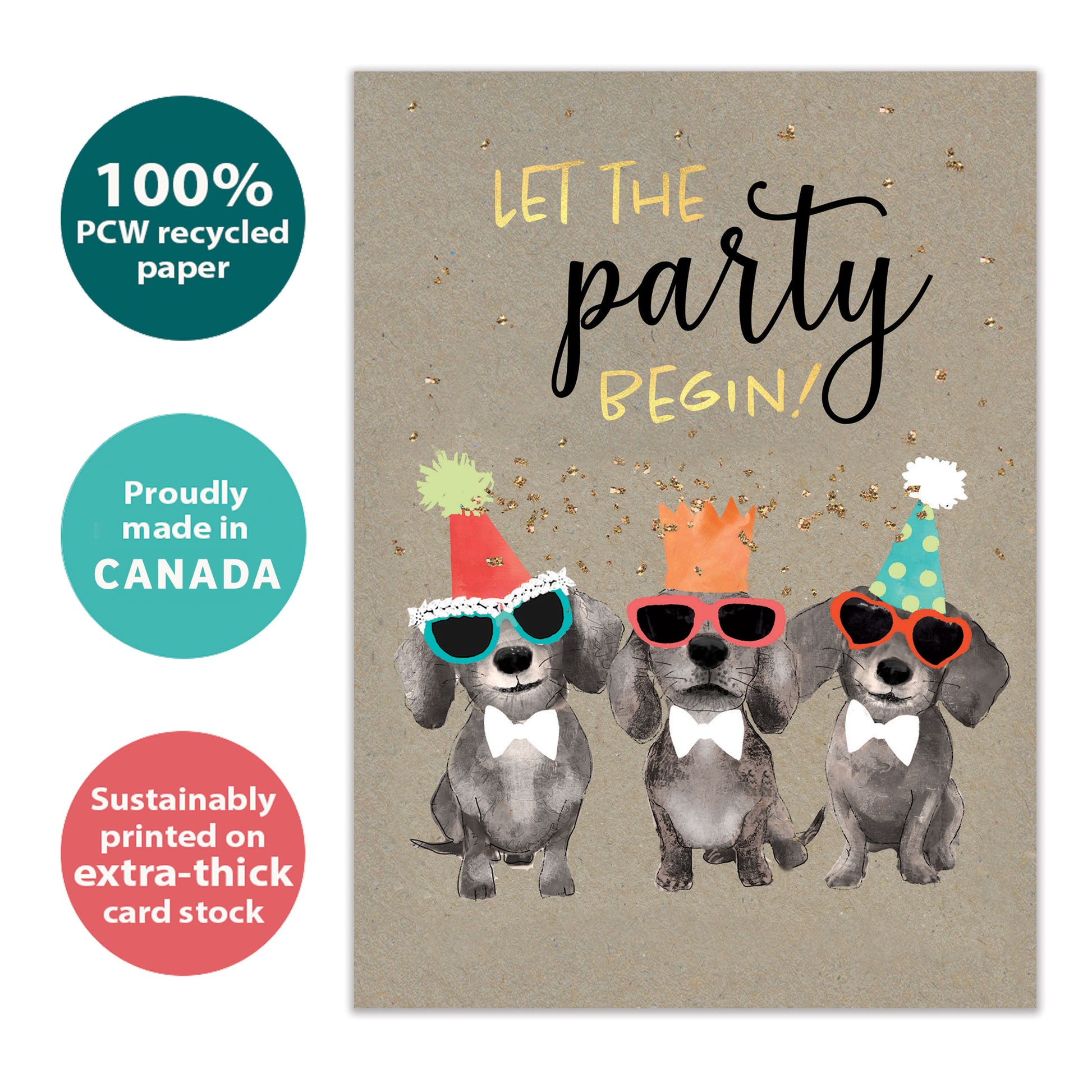 Front view of a Birthday greeting card with 3 dogs wearing birthday hats and the words "let the party begin!", highlighting its eco-friendly materials and made in Canada.