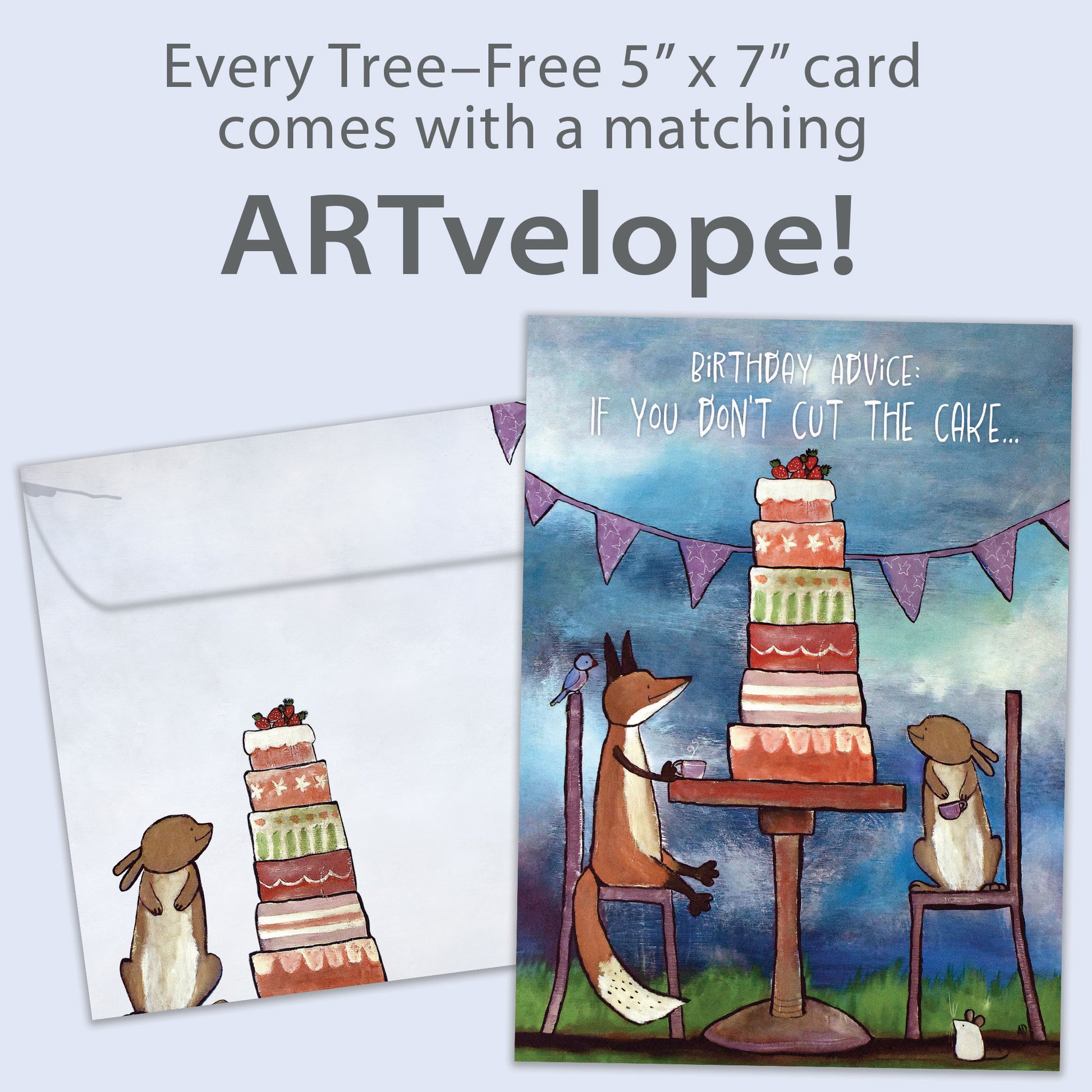 Front view of a Birthday greeting card featuring animals sitting at a table with a tall birthday cake and a message about cutting the cake, with matching envelope artwork.