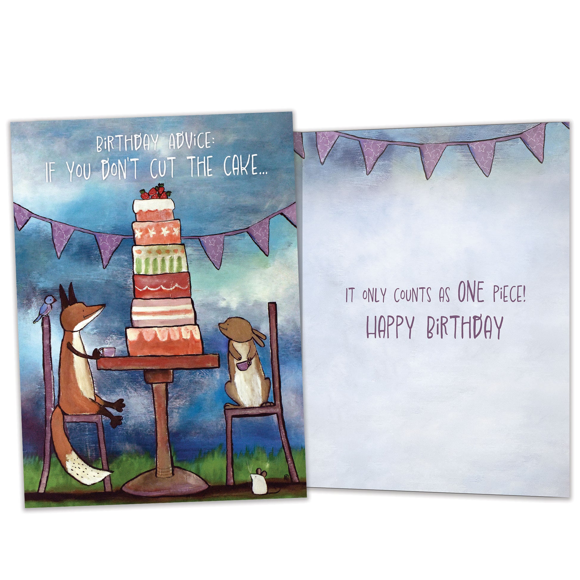 Front and inside view of a Birthday greeting card featuring animals sitting at a table with a tall birthday cake and a message about cutting the cake, with matching design details inside.