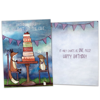 Front and inside view of a Birthday greeting card featuring animals sitting at a table with a tall birthday cake and a message about cutting the cake, with matching design details inside.