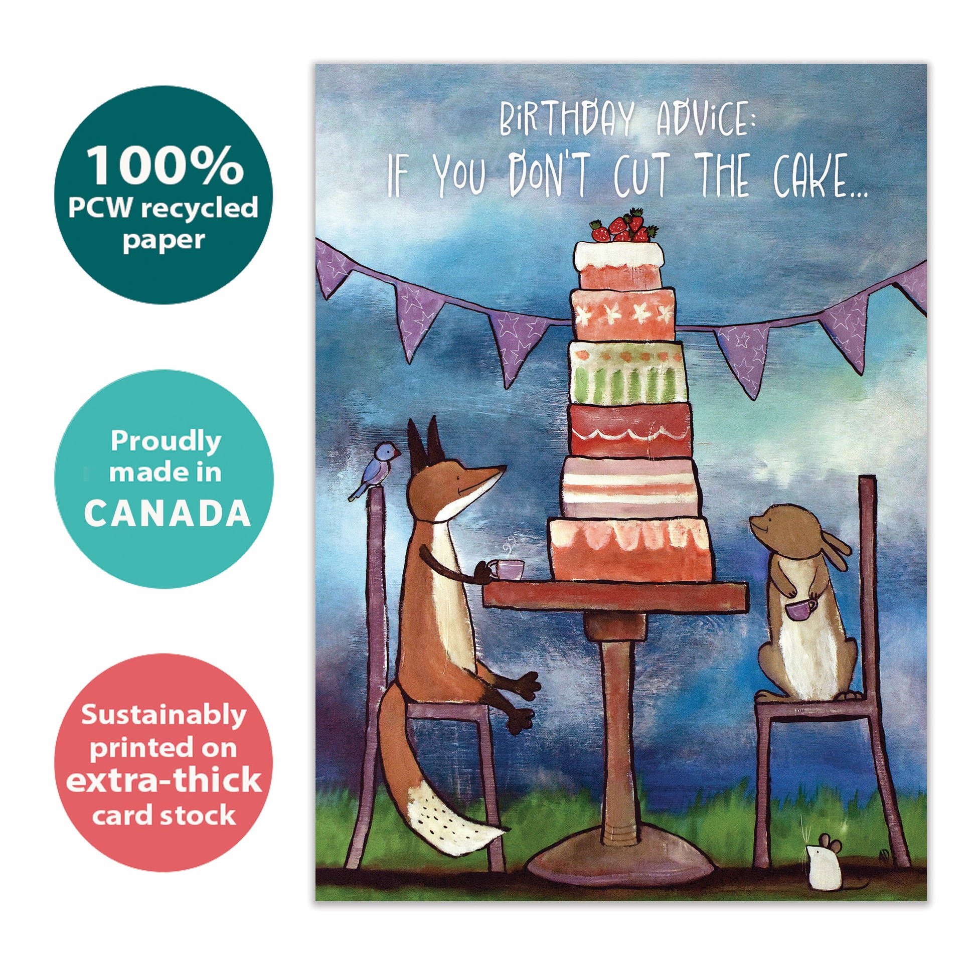 Front view of a Birthday greeting card with animals sitting at a table with a tall birthday cake and a message about cutting the cake, highlighting its eco-friendly materials and made in Canada.