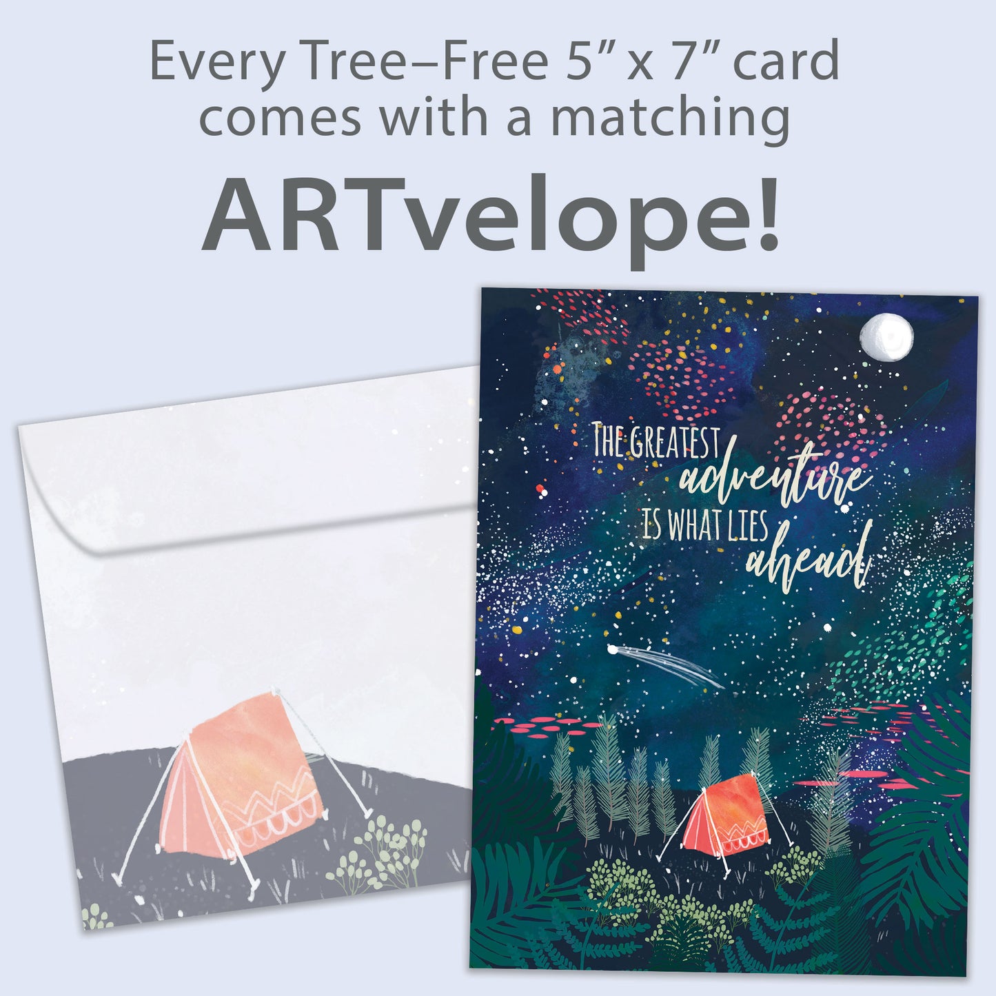 Front view of a Birthday greeting card featuring a tent in the forest at night with a message about adventures ahead, with matching envelope artwork.