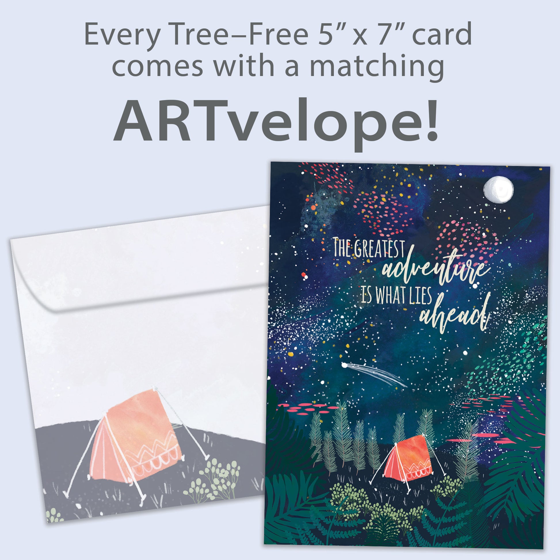 Front view of a Birthday greeting card featuring a tent in the forest at night with a message about adventures ahead, with matching envelope artwork.