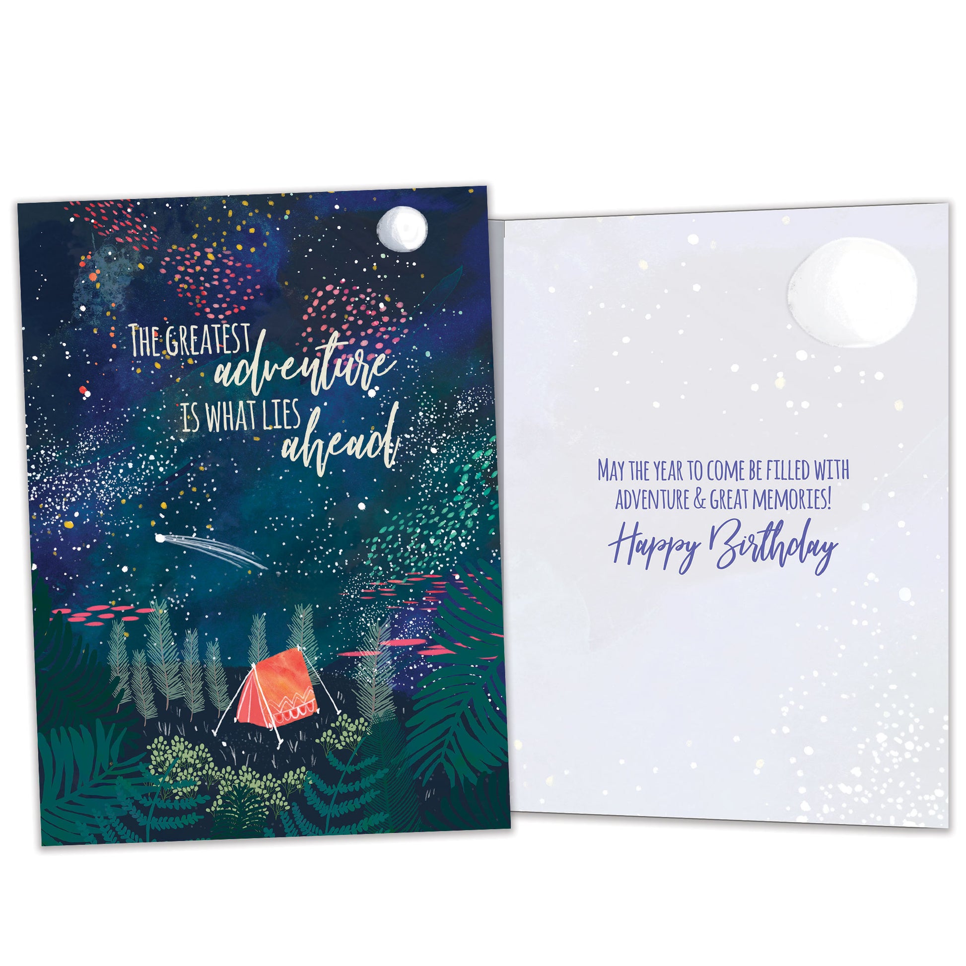 Front and inside view of a Birthday greeting card featuring a tent in the forest at night with a message about adventures ahead, with matching design details inside.