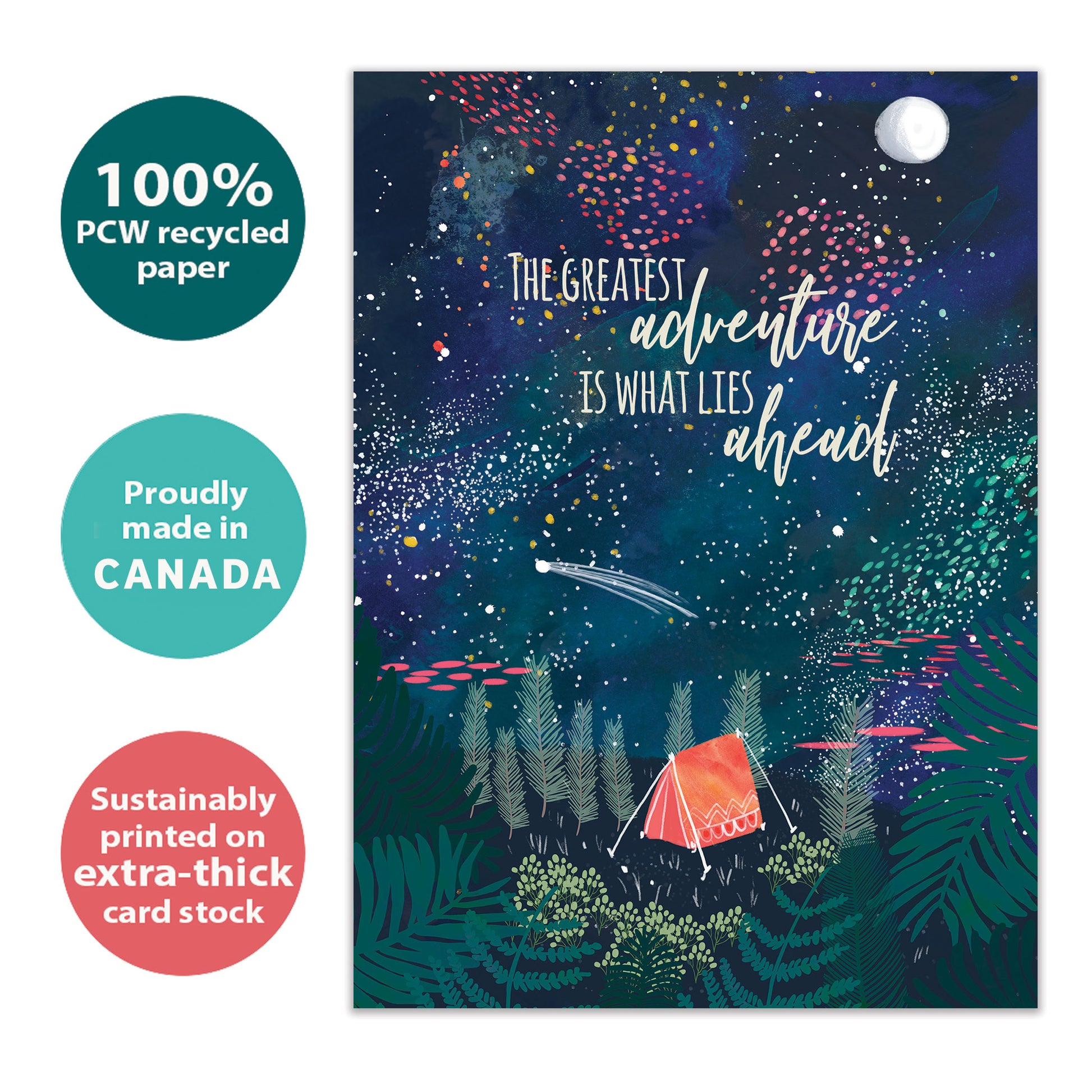 Front view of a Birthday greeting card with a tent in the forest at night and a message about adventures ahead, highlighting its eco-friendly materials and made in Canada.