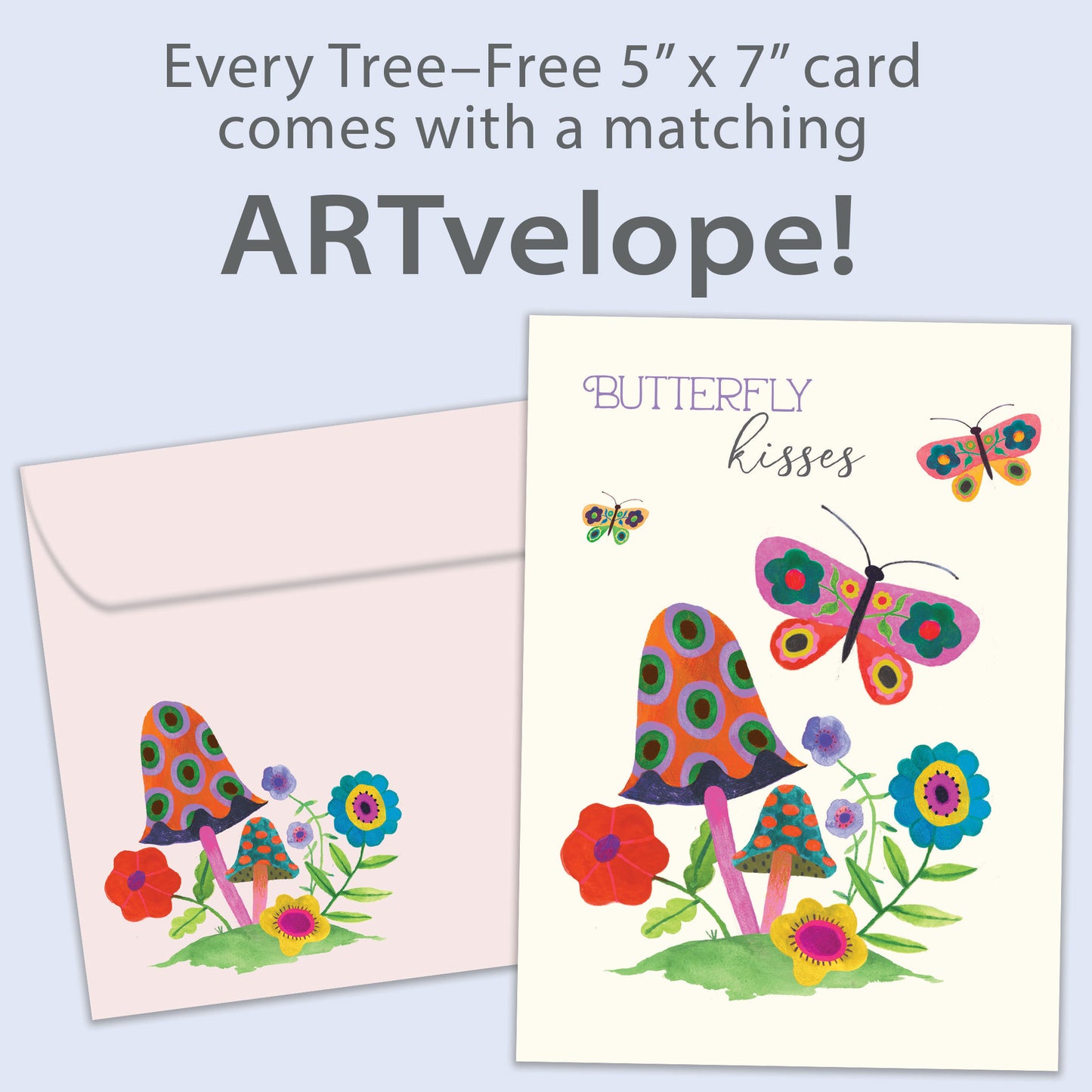 Front view of a Birthday greeting card featuring butterflies and flowers with the message "butterfly kisses", with matching envelope artwork.