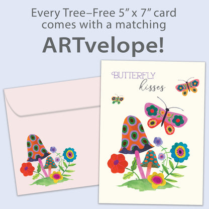 Front view of a Birthday greeting card featuring butterflies and flowers with the message "butterfly kisses", with matching envelope artwork.