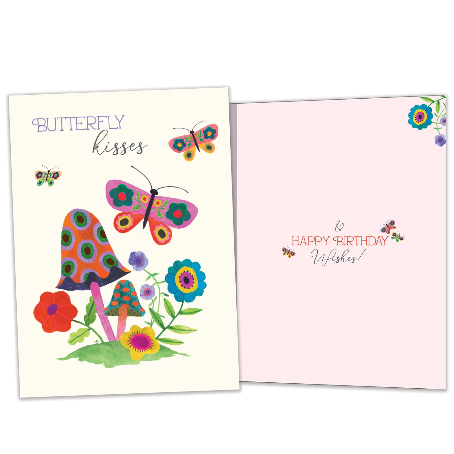 Front and inside view of a Birthday greeting card featuring butterflies and flowers with the message "butterfly kisses", with matching design details inside.