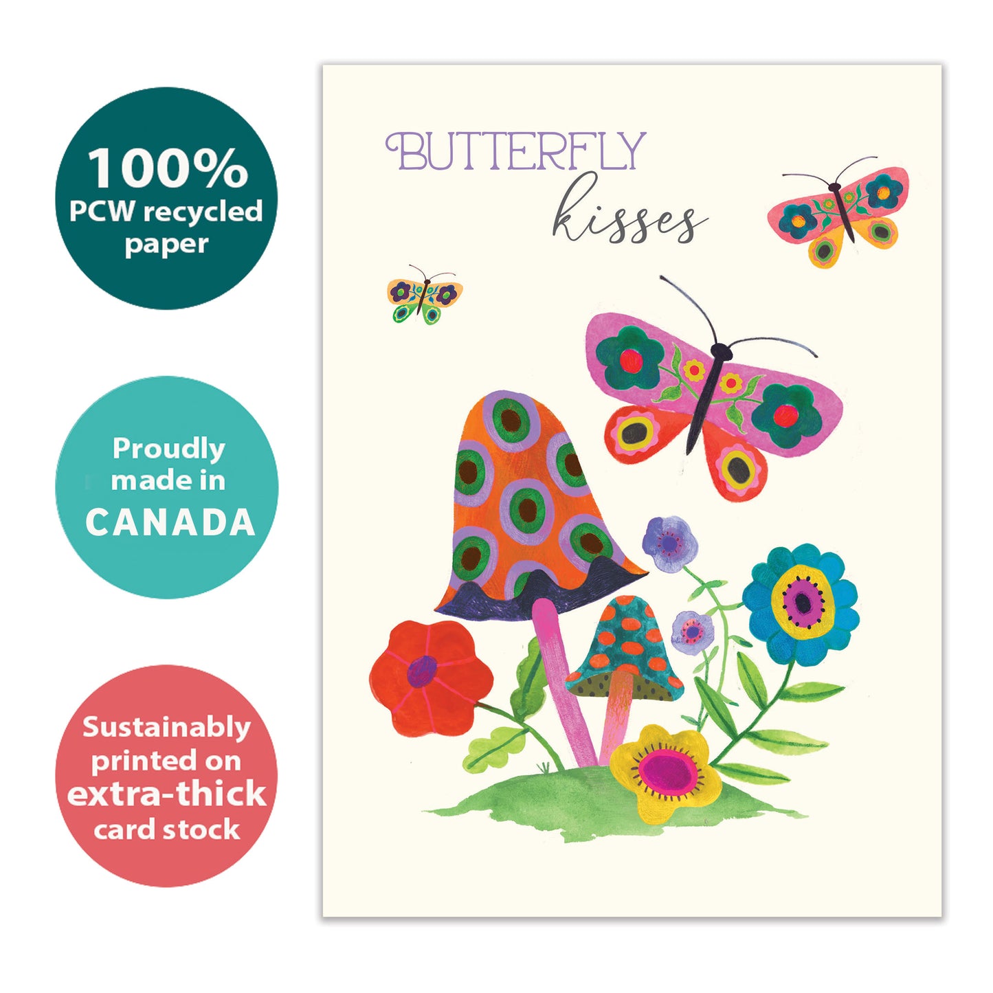 Front view of a Birthday greeting card with butterflies and flowers and the message "butterfly kisses", highlighting its eco-friendly materials and made in Canada.