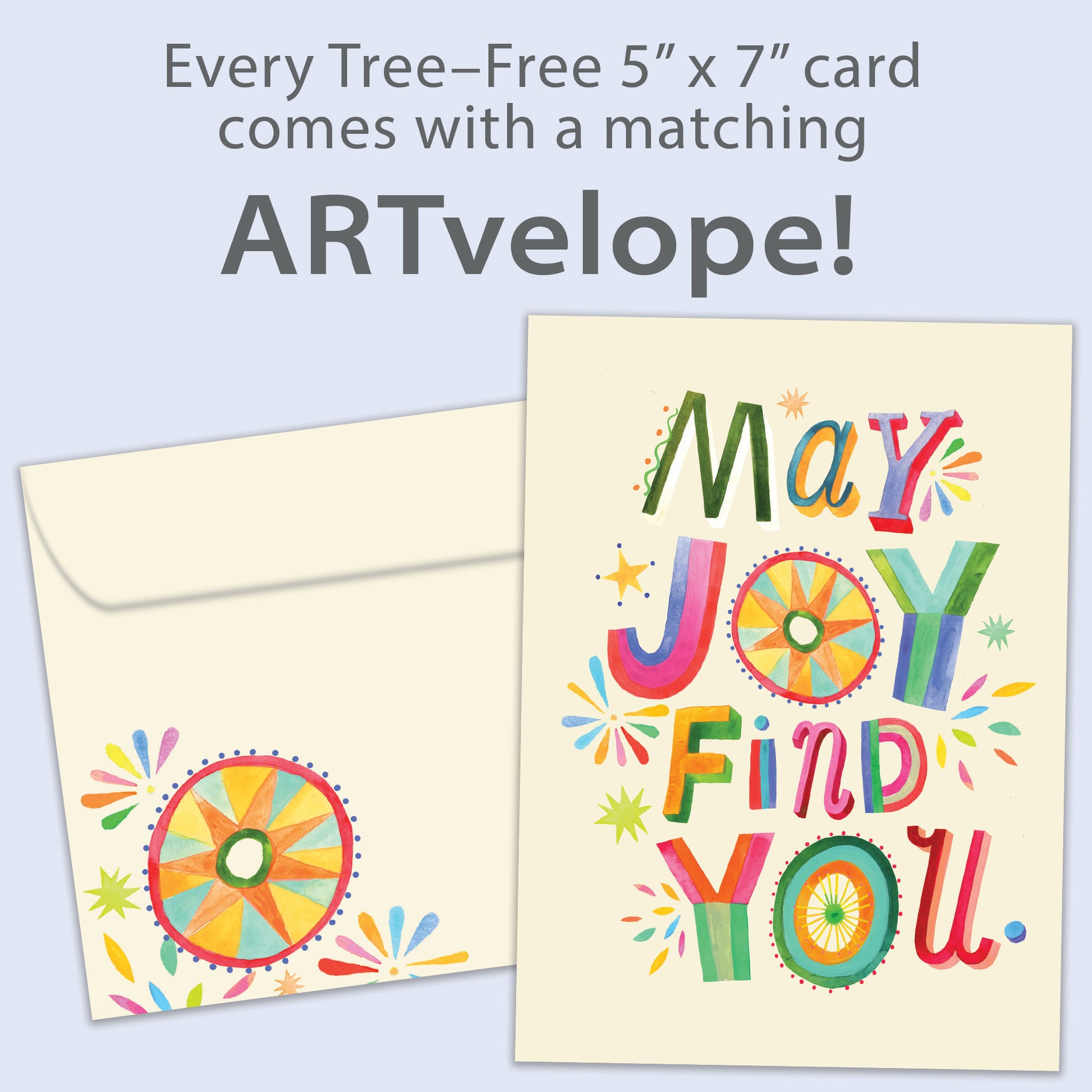 Front view of a Birthday greeting card featuring "may joy find you" in colourful letters on a light yellow background, with matching envelope artwork.