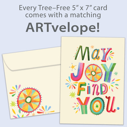 Front view of a Birthday greeting card featuring "may joy find you" in colourful letters on a light yellow background, with matching envelope artwork.