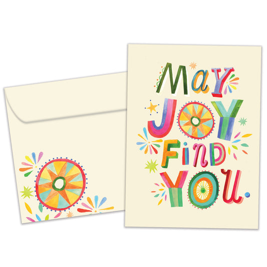 Front view of a Birthday greeting card featuring "may joy find you" in colourful letters on a light yellow background, with a matching envelope.