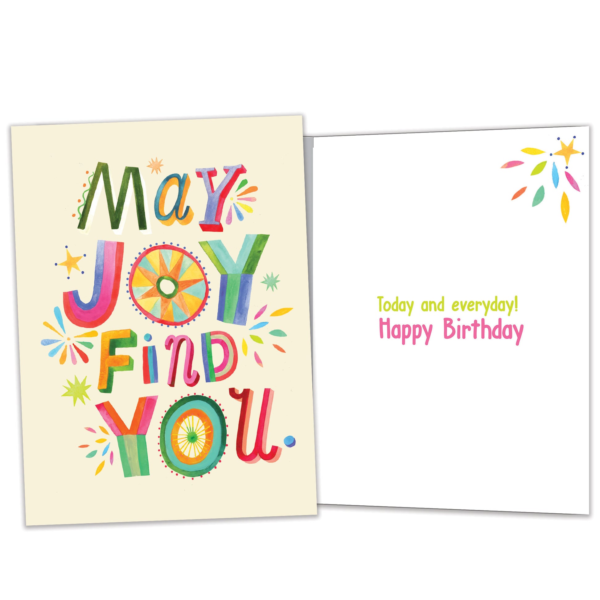 Front and inside view of a Birthday greeting card featuring "may joy find you" in colourful letters on a light yellow background, with matching design details inside.