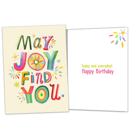 Front and inside view of a Birthday greeting card featuring "may joy find you" in colourful letters on a light yellow background, with matching design details inside.