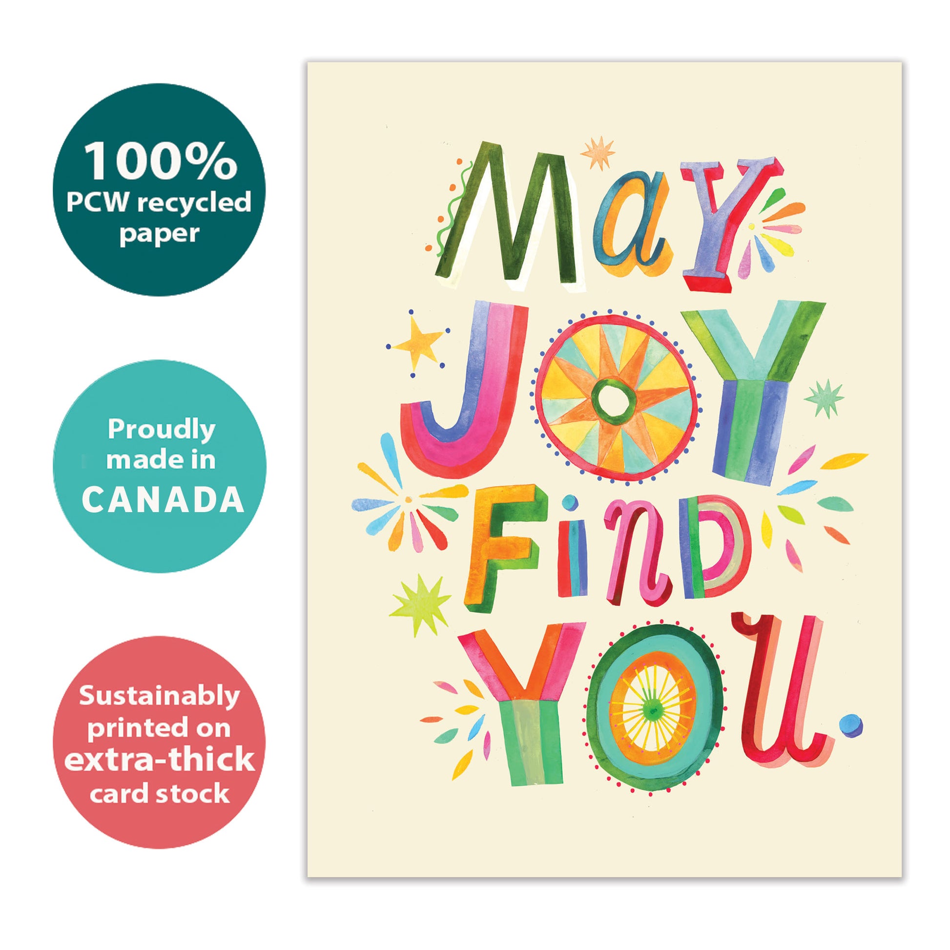 Front view of a Birthday greeting card with "may joy find you" in colourful letters on a light yellow background, highlighting its eco-friendly materials and made in Canada.