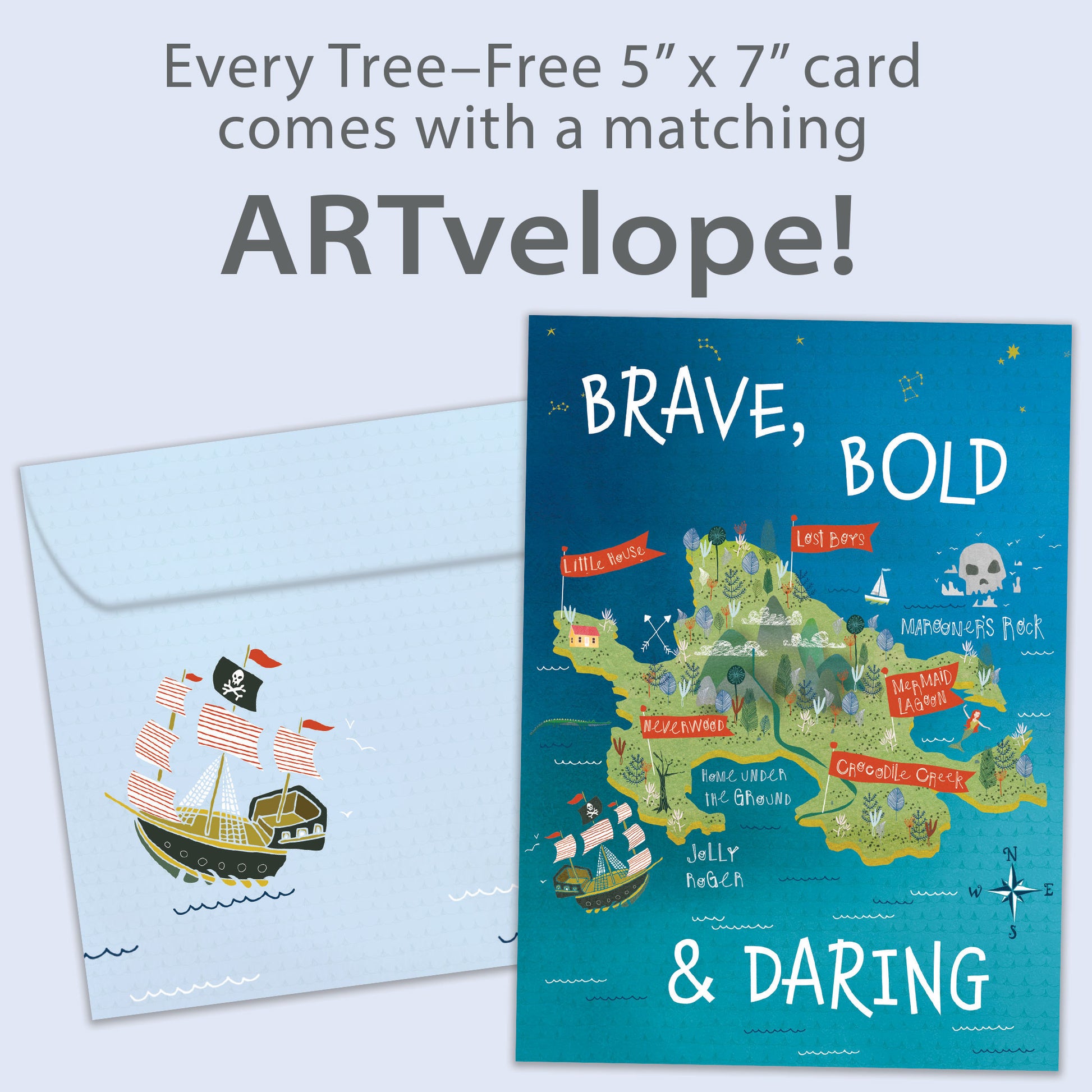 Front view of a Birthday greeting card featuring a pirate’s map with the words "brave, bold & daring", with matching envelope artwork.