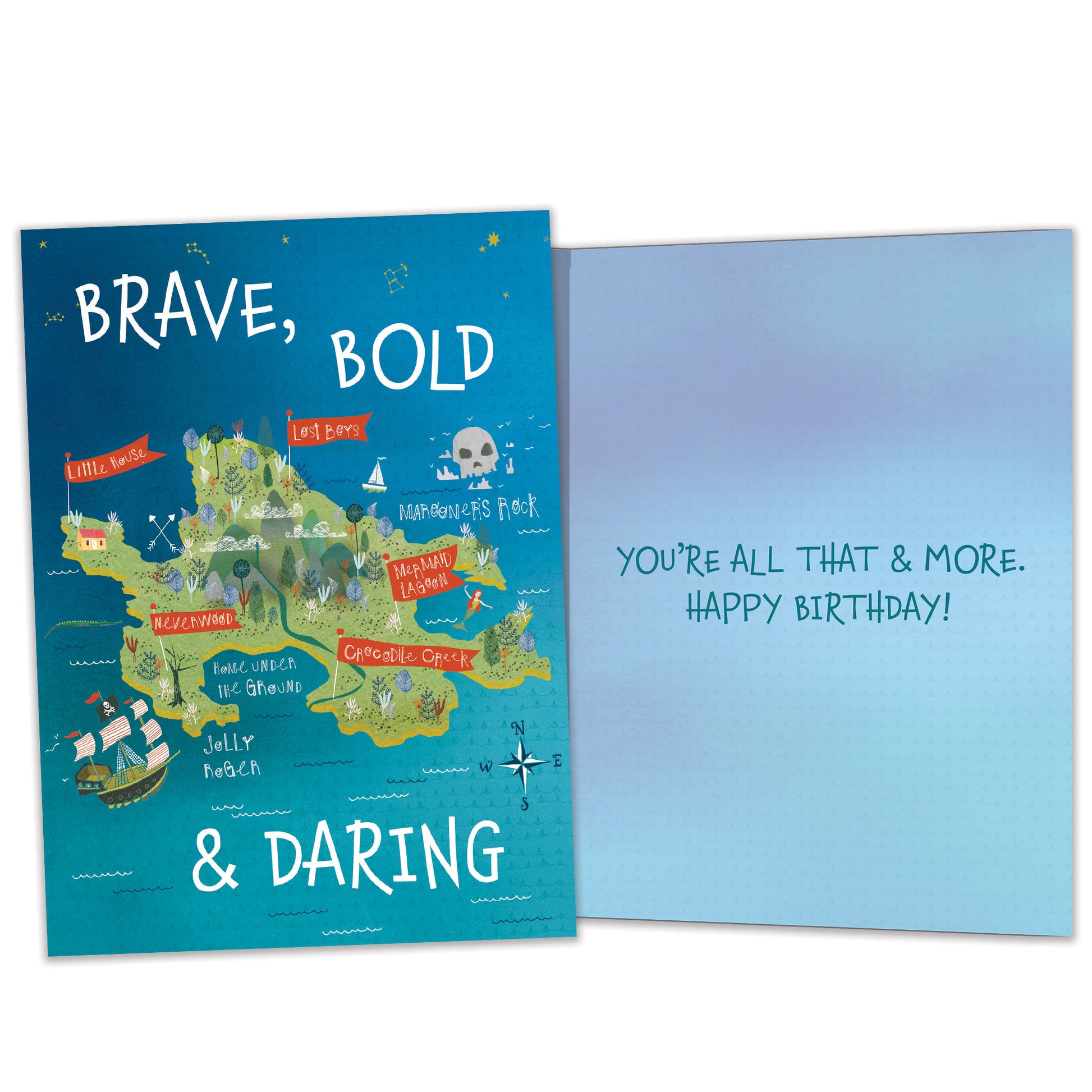 Front and inside view of a Birthday greeting card featuring a pirate’s map with the words "brave, bold & daring", with matching design details inside.