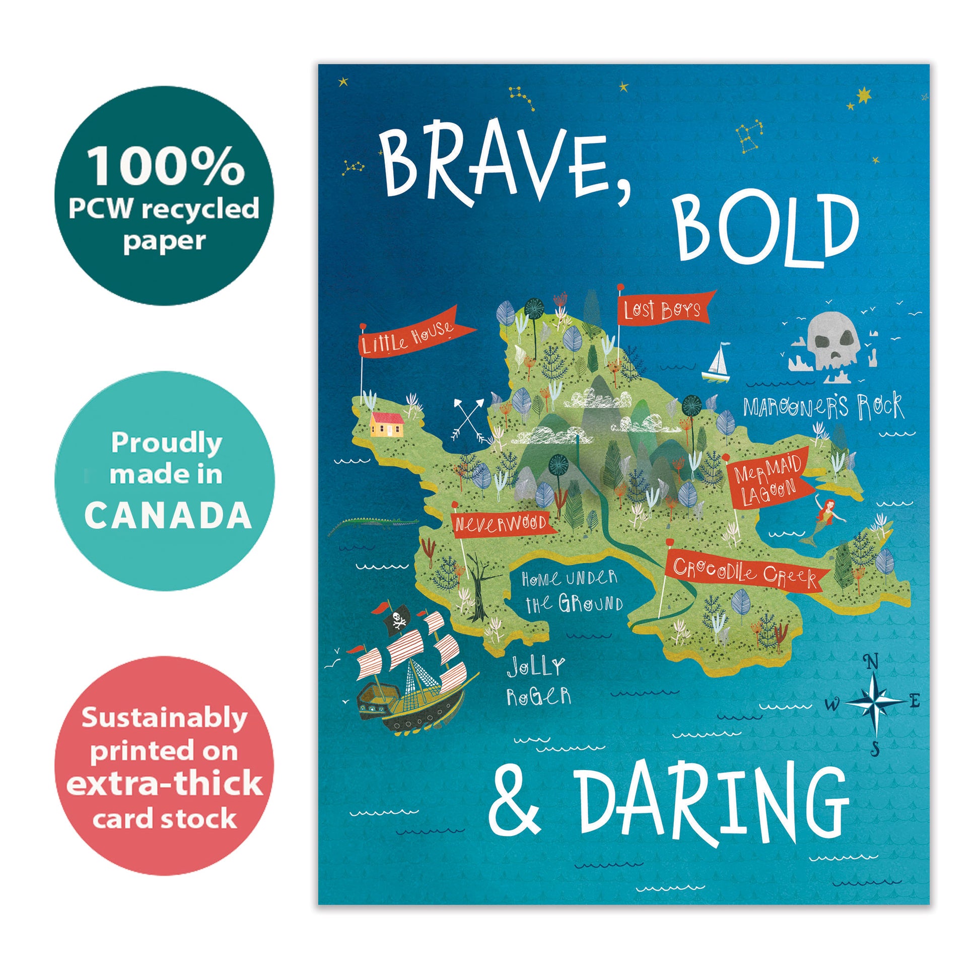 Front view of a Birthday greeting card with a pirate’s map and the words "brave, bold & daring", highlighting its eco-friendly materials and made in Canada.