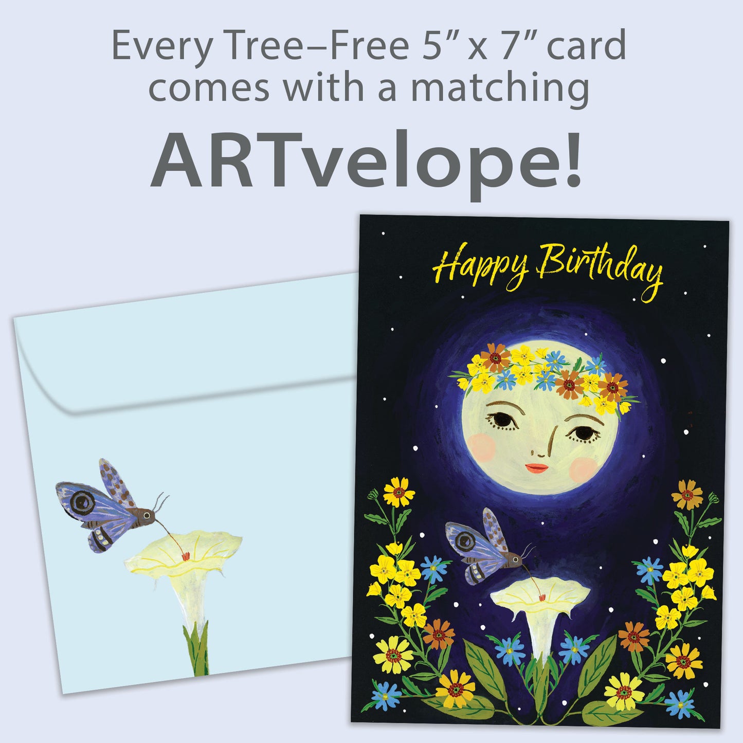 Front view of a Birthday greeting card featuring a moon, flowers, and the message "Happy Birthday", with matching envelope artwork.