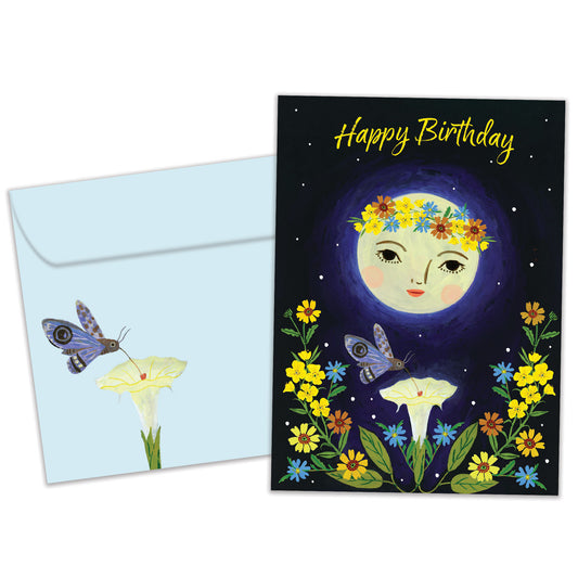 Front view of a Birthday greeting card featuring a moon, flowers, and the message "Happy Birthday", with a matching envelope.