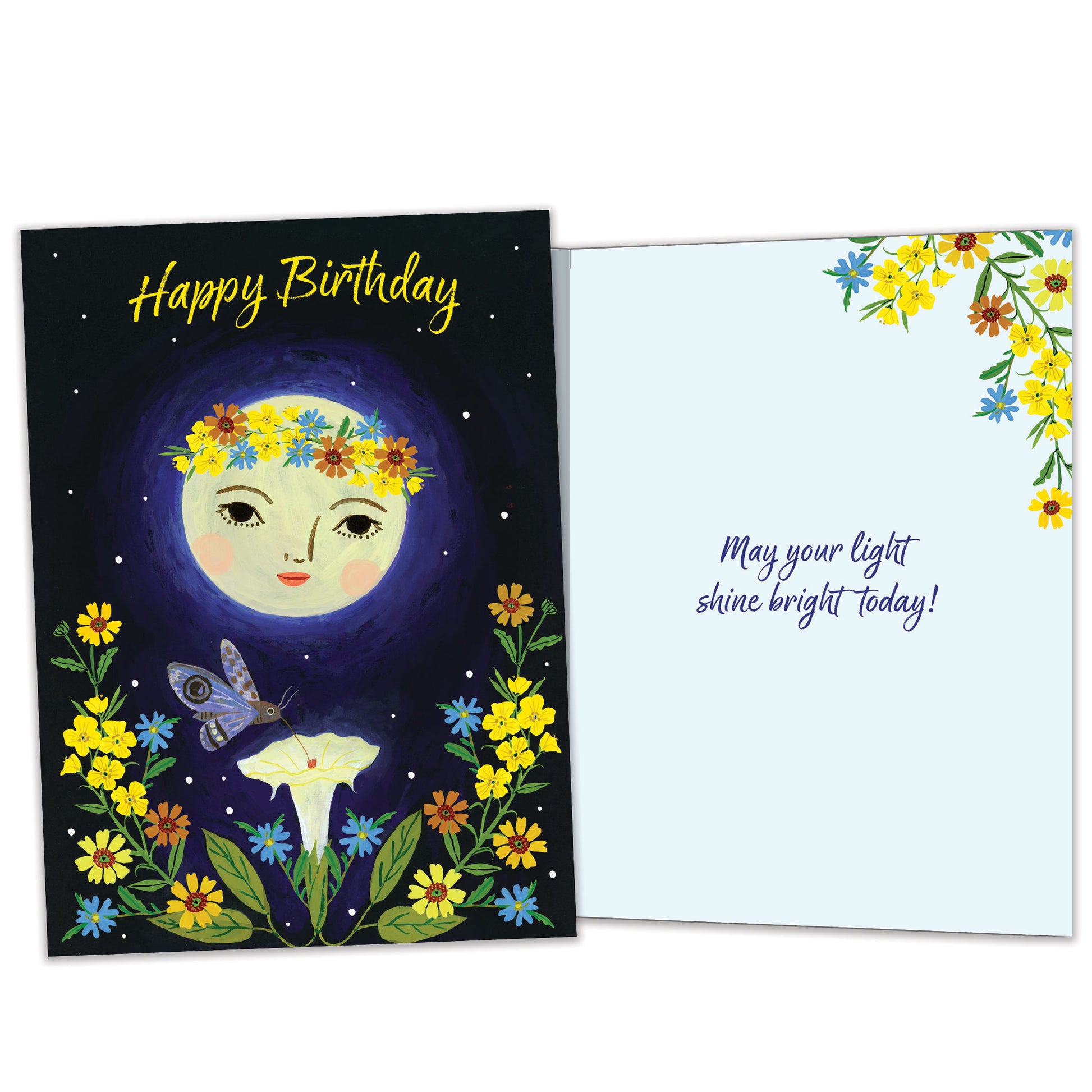Front and inside view of a Birthday greeting card featuring a moon, flowers, and the message "Happy Birthday", with matching design details inside.