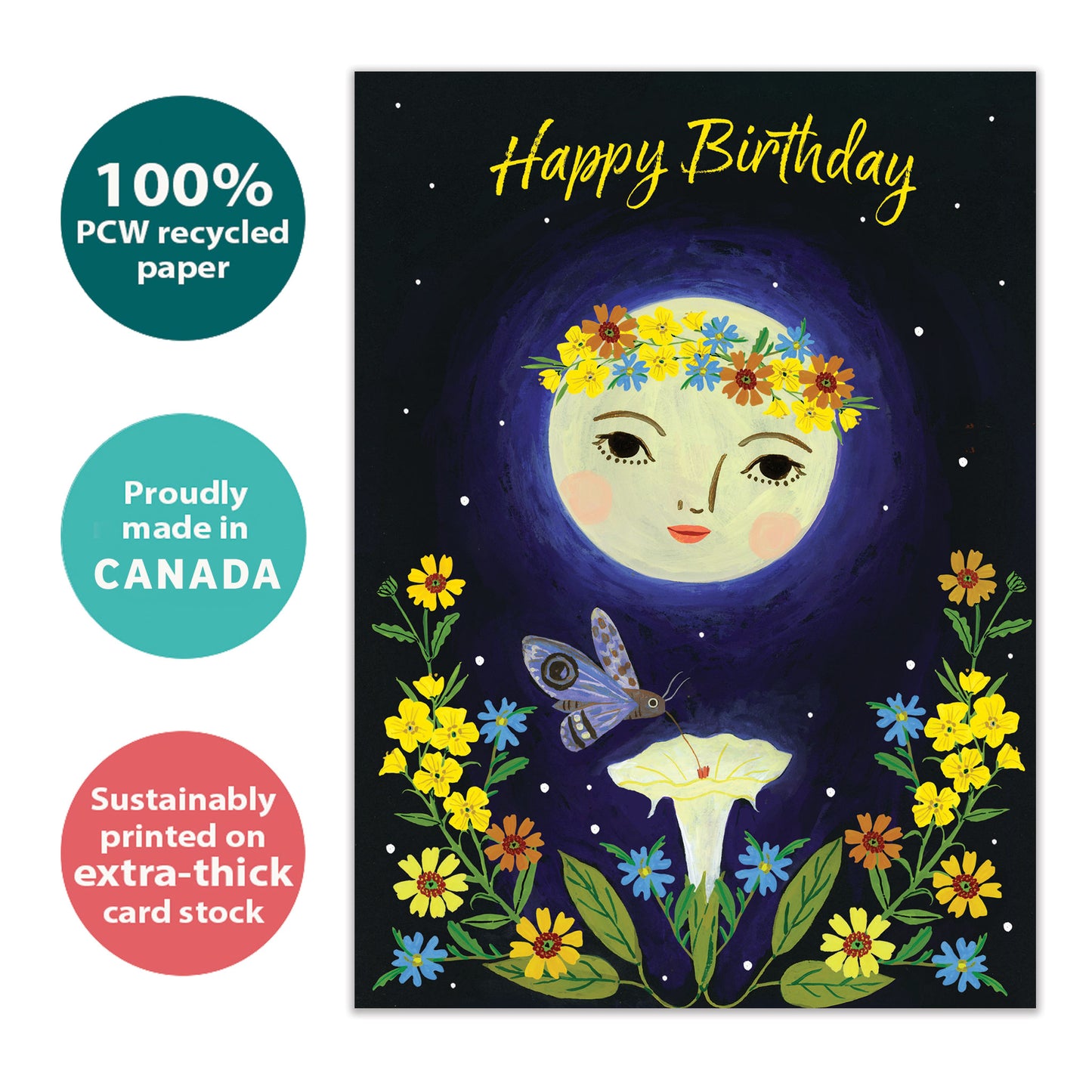 Front view of a Birthday greeting card with a moon, flowers, and the message "Happy Birthday", highlighting its eco-friendly materials and made in Canada.