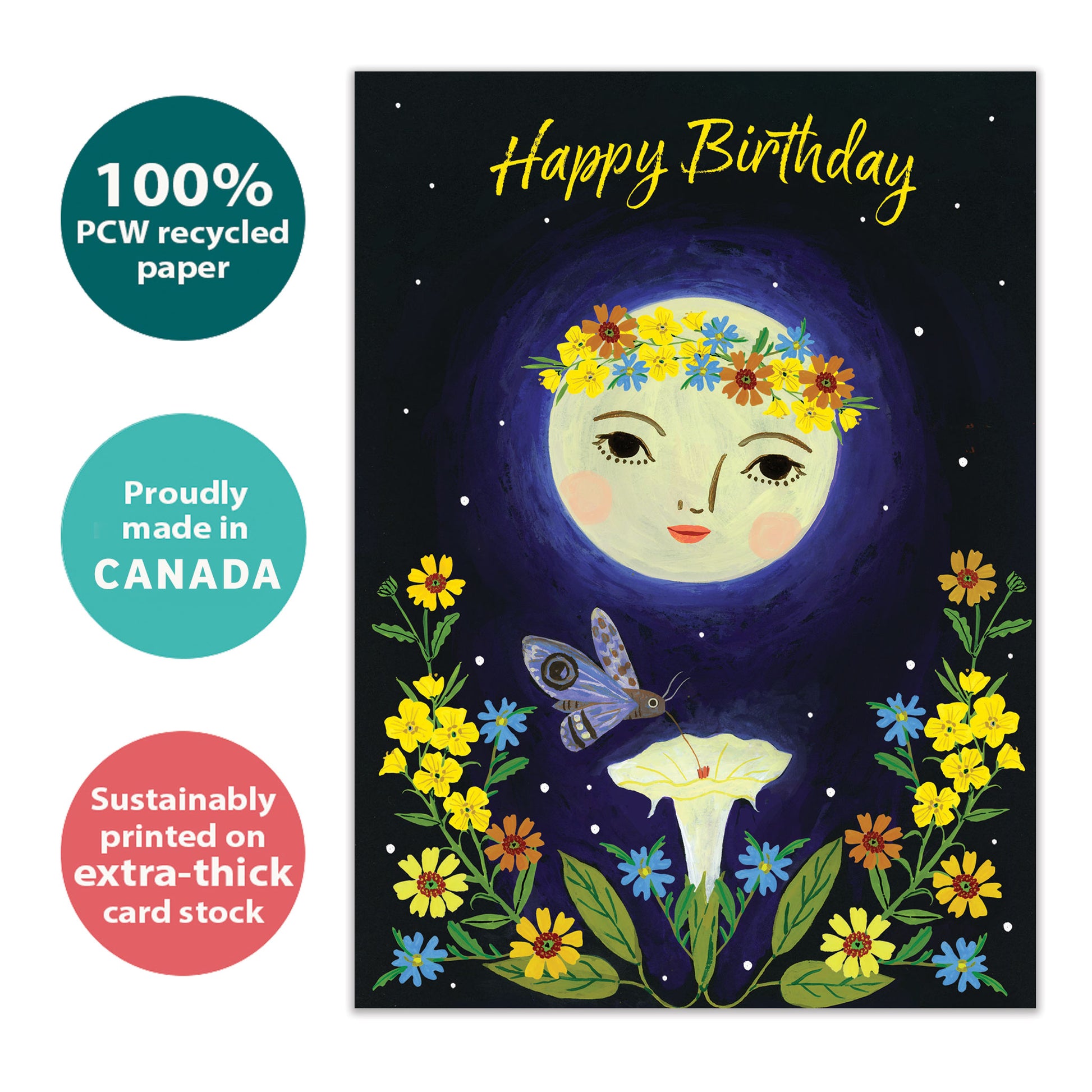 Front view of a Birthday greeting card with a moon, flowers, and the message "Happy Birthday", highlighting its eco-friendly materials and made in Canada.