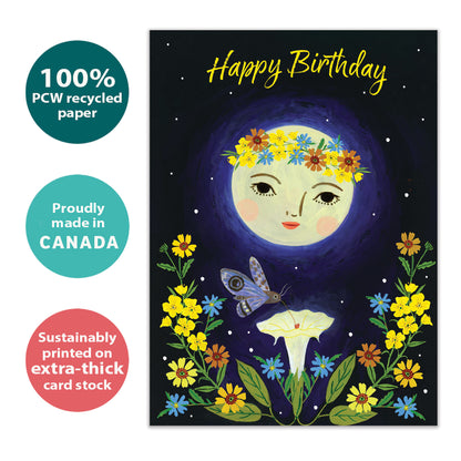 Front view of a Birthday greeting card with a moon, flowers, and the message "Happy Birthday", highlighting its eco-friendly materials and made in Canada.