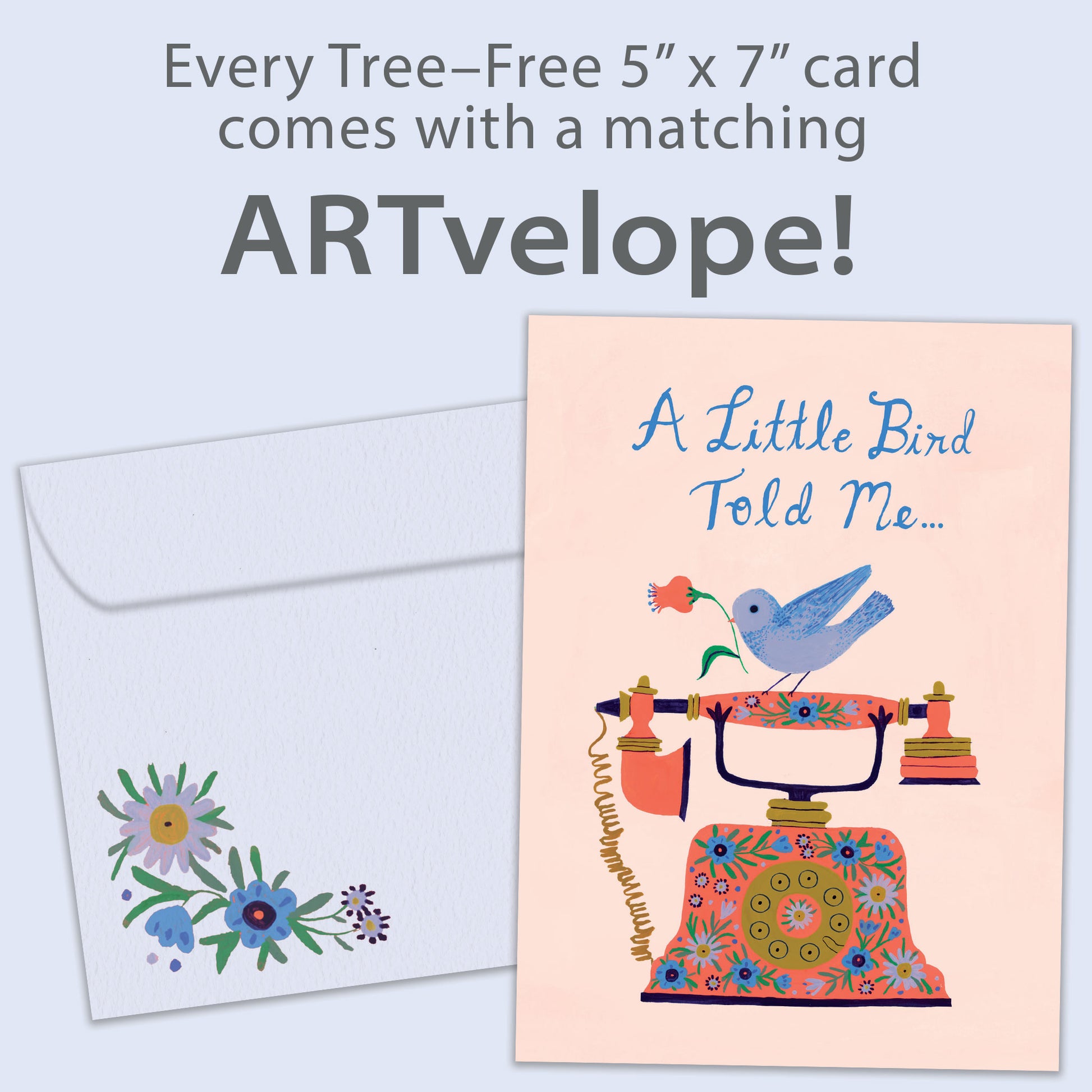 Front view of a Birthday greeting card featuring a bird on a phone with the message "a little bird told me...", with matching envelope artwork.