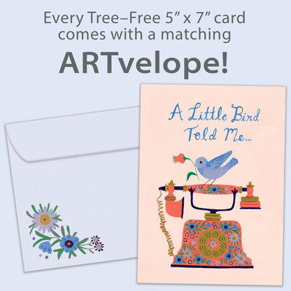 Front view of a Birthday greeting card featuring a bird on a phone with the message "a little bird told me...", with matching envelope artwork.