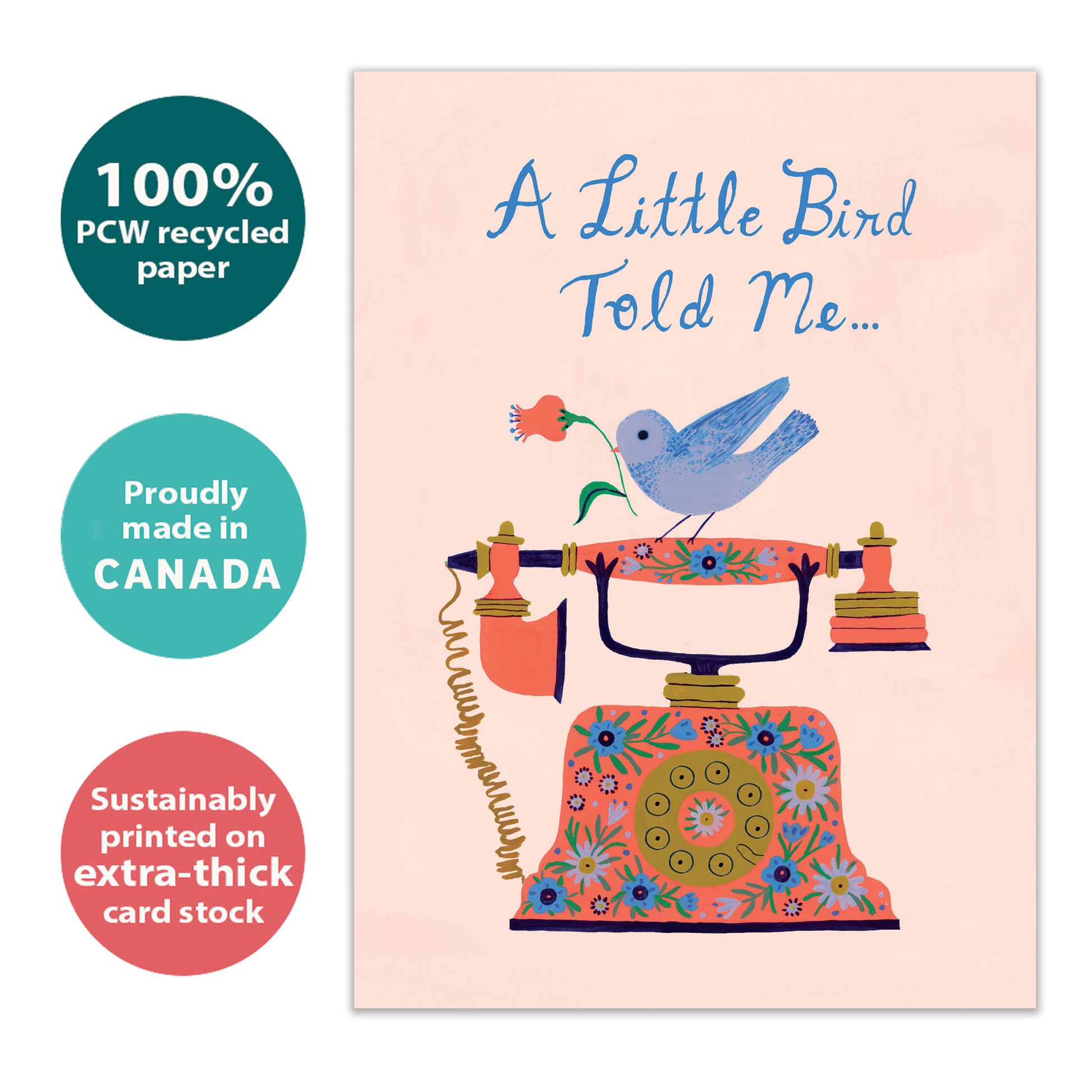 Front view of a Birthday greeting card with a bird on a phone and the message "a little bird told me...", highlighting its eco-friendly materials and made in Canada.
