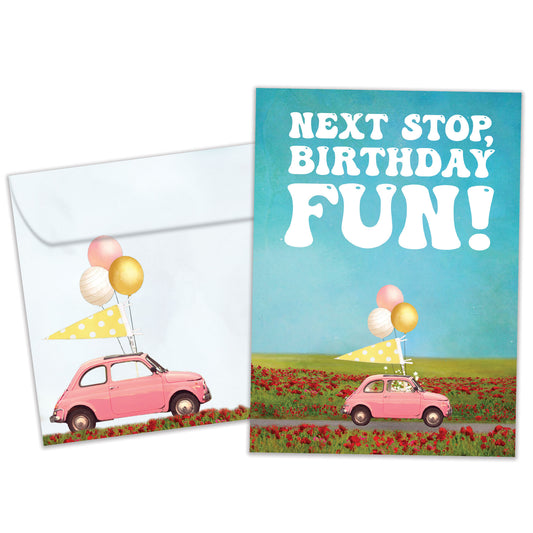 Front view of a Birthday greeting card featuring a car decorated with balloons and the message "next stop, birthday fun!", with a matching envelope.