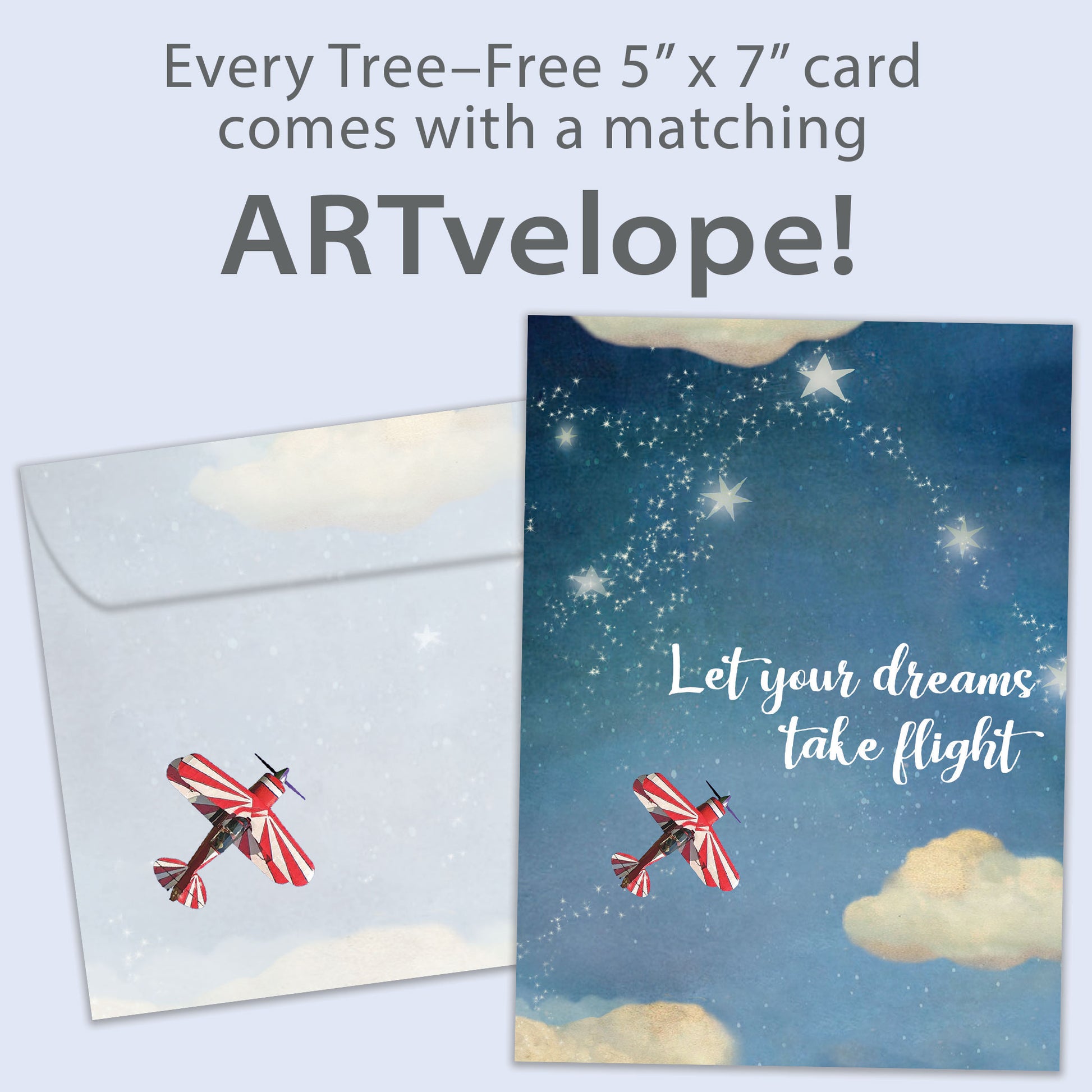 Front view of a Birthday greeting card featuring an airplane flying in the sky with the message "let your dreams take flight", with matching envelope artwork.