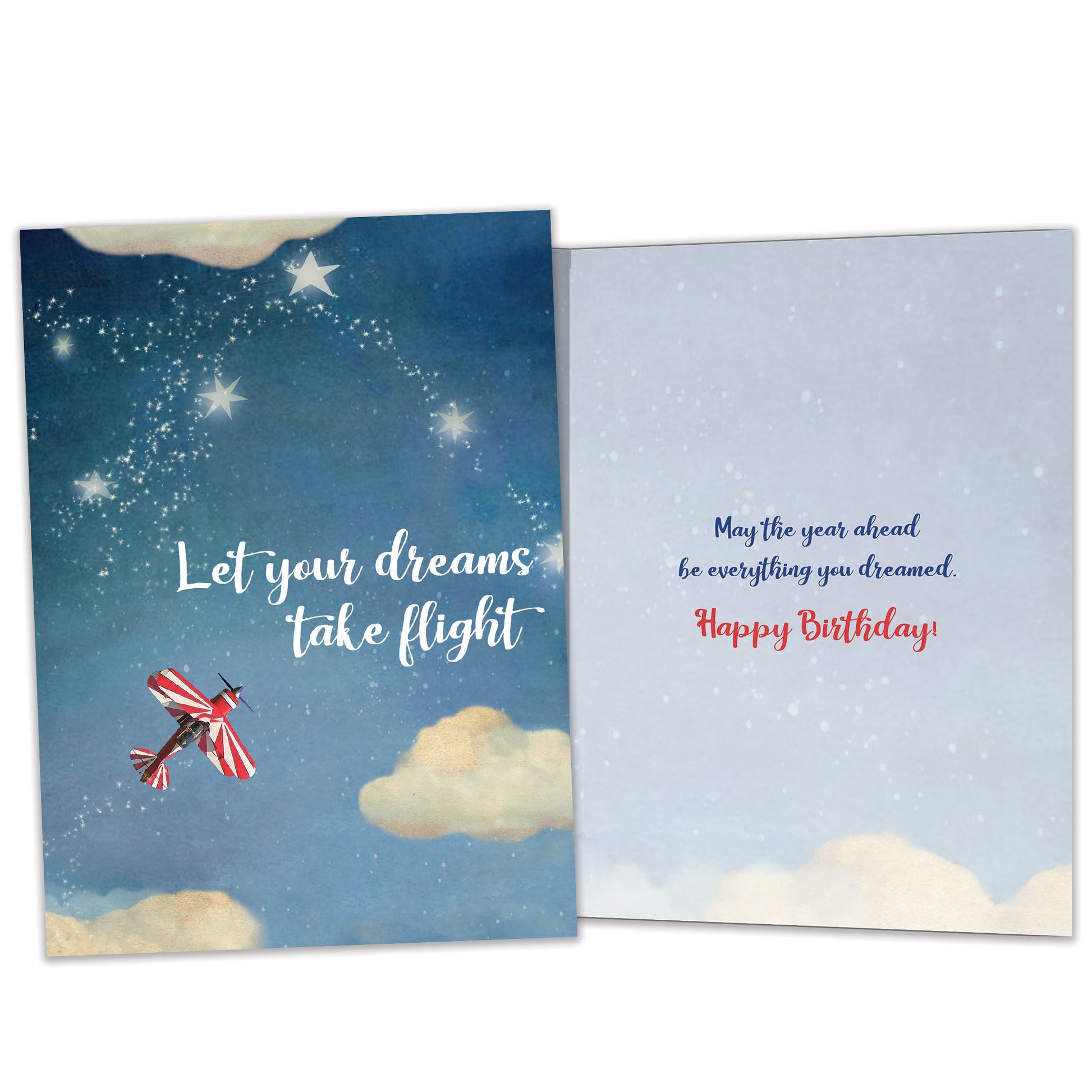 Front and inside view of a Birthday greeting card featuring an airplane flying in the sky with the message "let your dreams take flight", with matching design details inside.