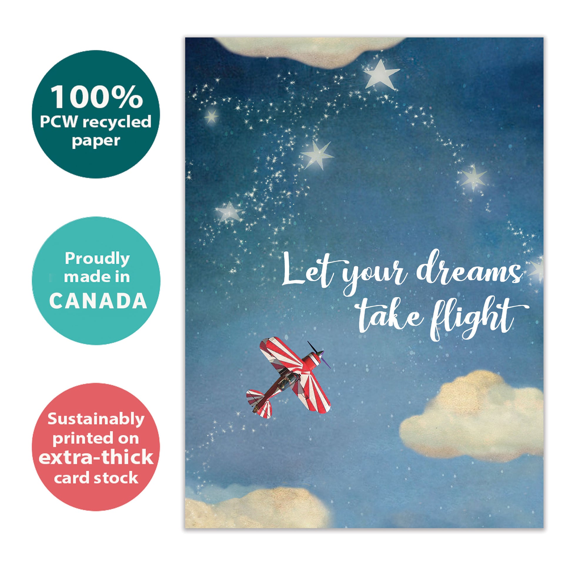 Front view of a Birthday greeting card with an airplane flying in the sky and the message "let your dreams take flight", highlighting its eco-friendly materials and made in Canada.