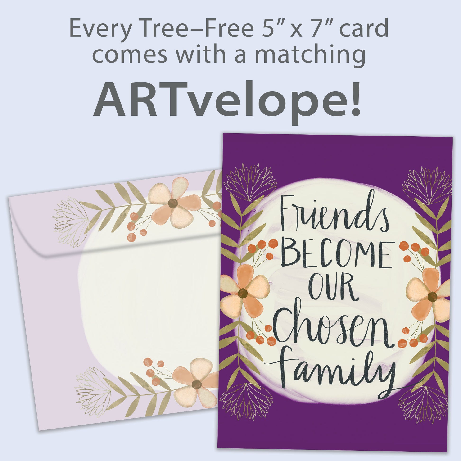 Front view of a birthday greeting card featuring the message "friends become our chosen family" surrounded by flowers on a purple background, with matching envelope artwork.